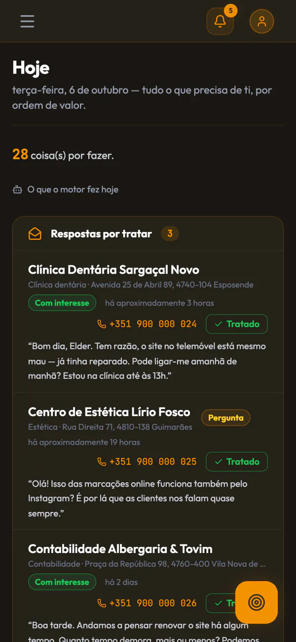 O mesmo ecrã Hoje no telemóvel, com as respostas por tratar no topo.